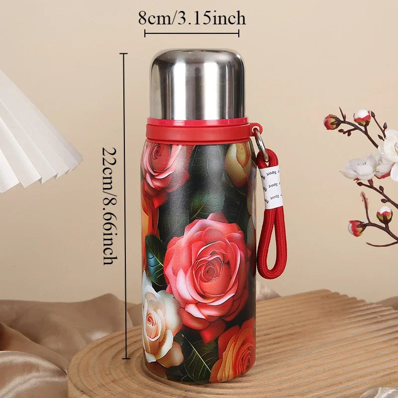 Retro and Bustling High-value Insulated Cup with Creative Rose Pattern Double-layer Water Cup Car Portable Drawstring Stew Cup Quake rose 600ml 501-600ml