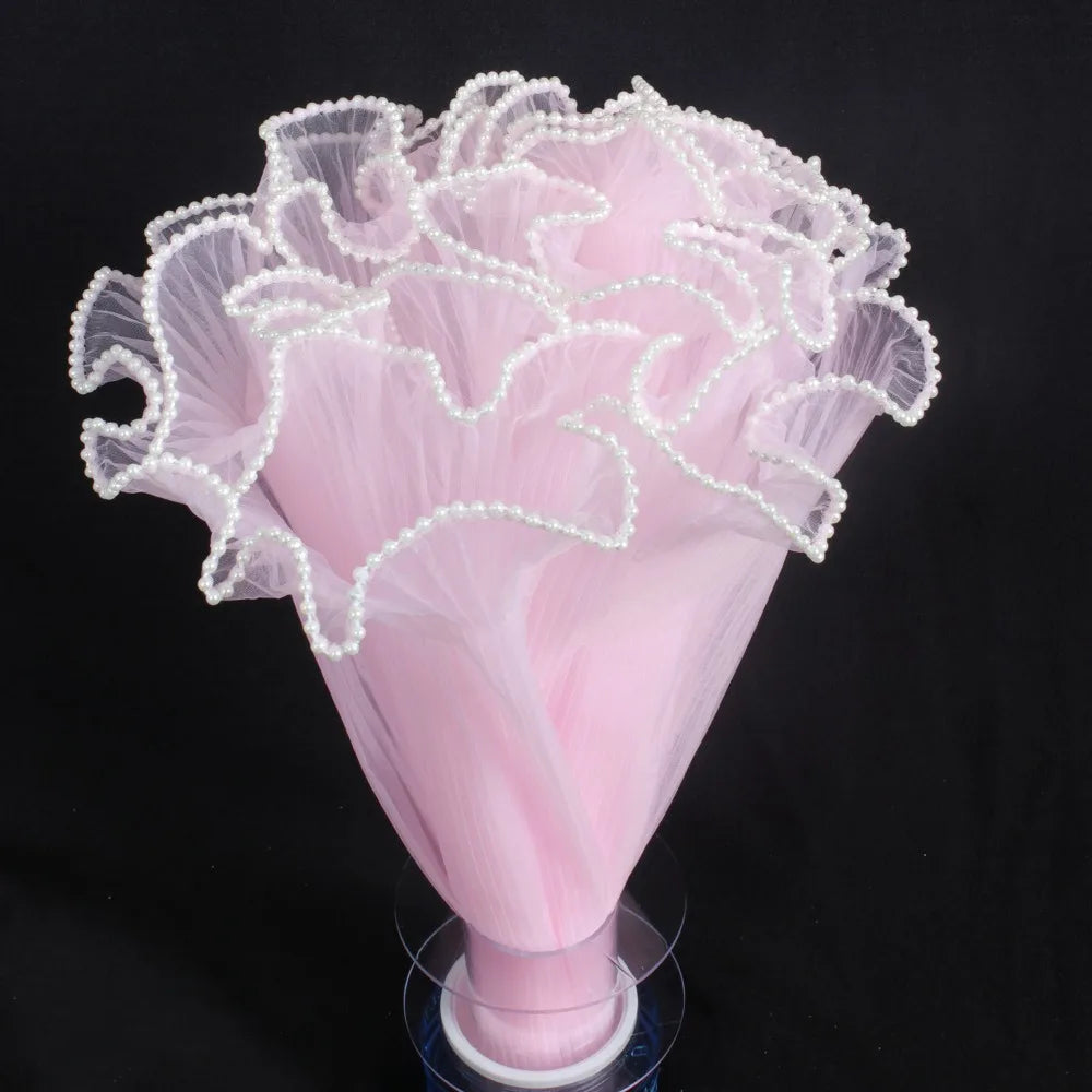 28cmx4Yards Flower Bouquet Wrapping Lace Mesh Material Pearl Wave Yarn Florist Packaging Pearl Edges Flower Wrapping Paper Quake Light Pink one size