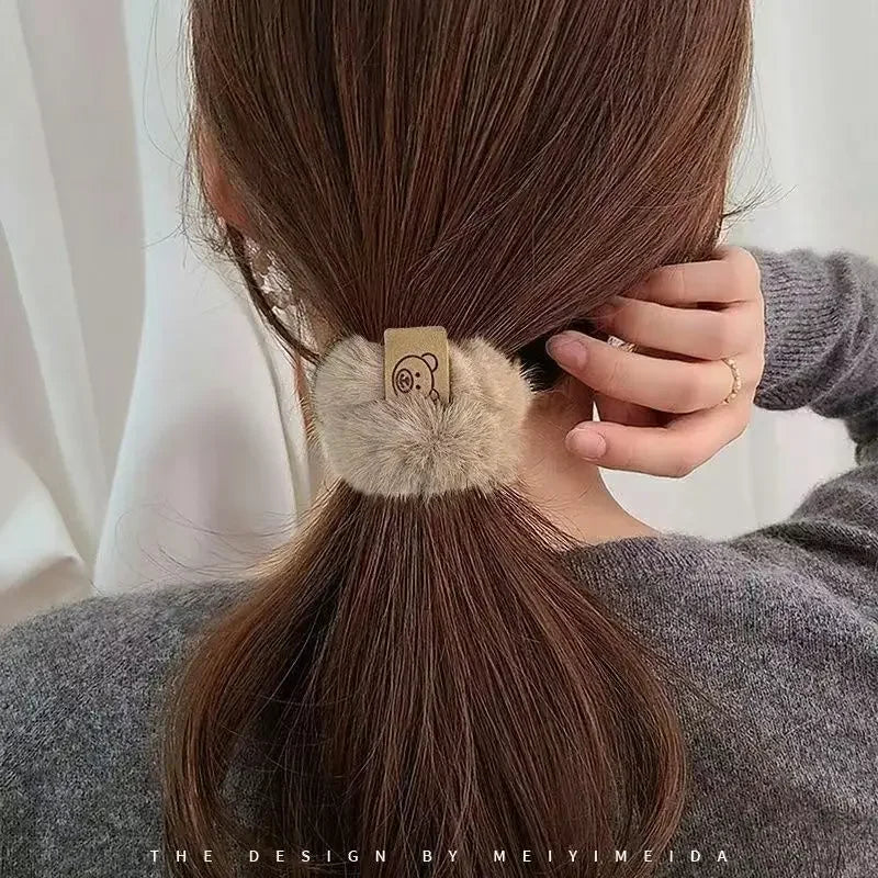 2023 New Soft Plush Hair Rope Korean Thick High Elastic Bear Hairband Braiding Hair Accessories Ponytail Headwear Scrunchies Quake