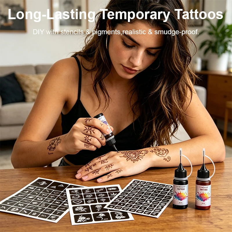 12 pcs natural organic Long-Lasting Temporary Tattoo, temporary tattoo, black brown red tattoo cream semi-permanent Face Body Quake