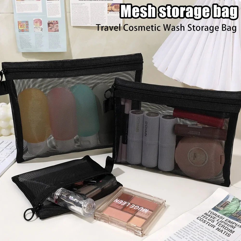 12/1PCS Black Mesh Cosmetic Bag Large Capacity Transparent Makeup Bag Portable Travel Toiletry Organizer Lipstick Storage Pouch Quake