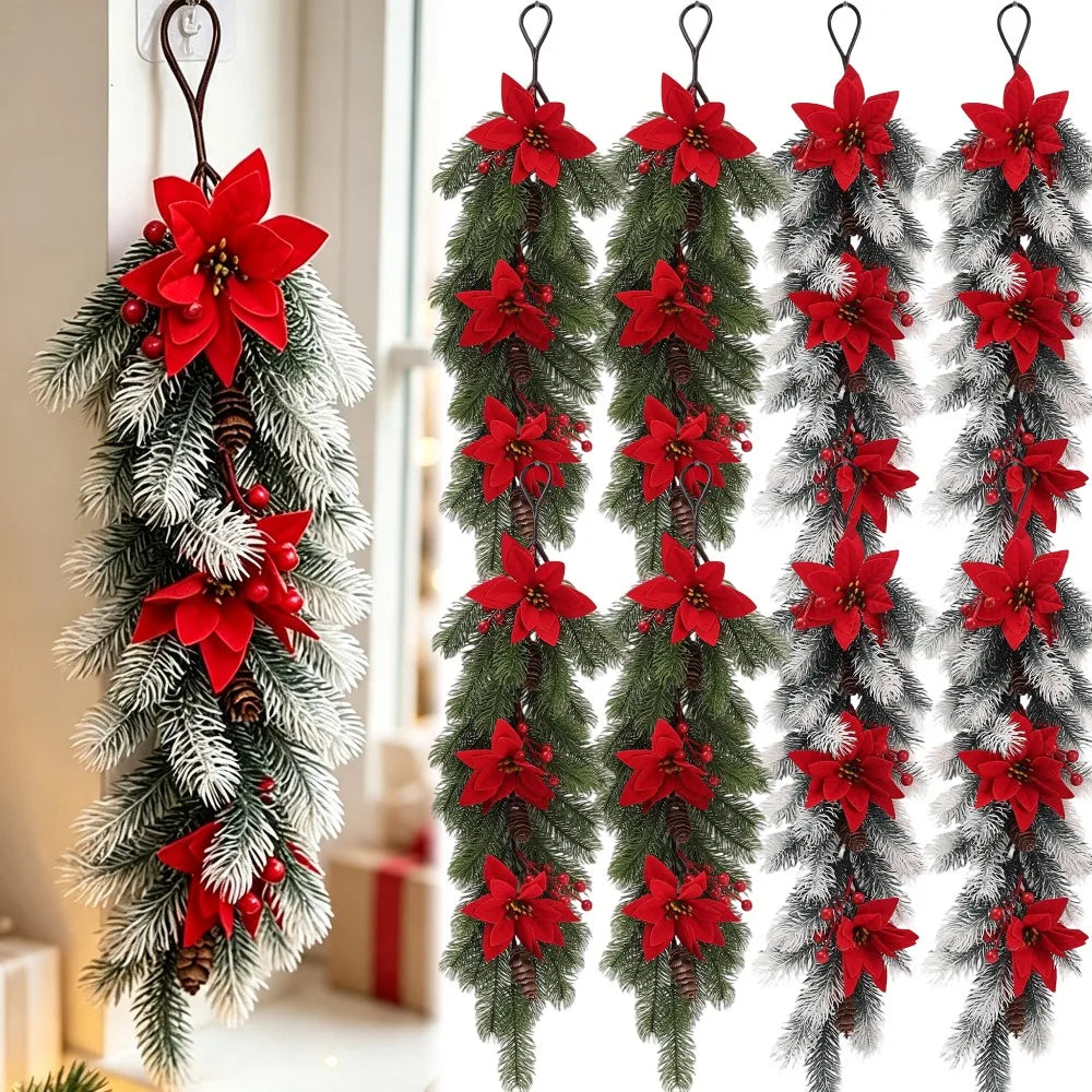 Christmas Artificial Hanging Vine Branch with Red Berries Pinecones Christmas Home Party Fake Plants Decorations for Door Window Quake