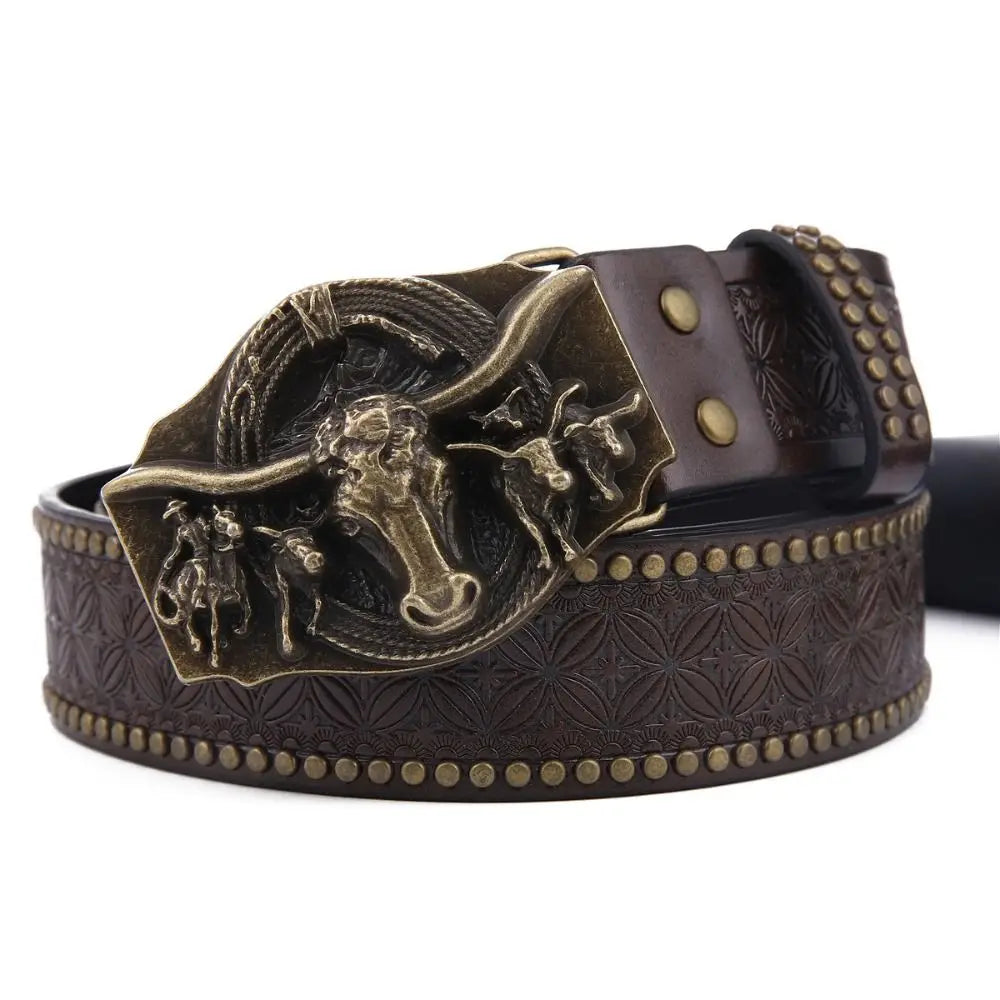 Retro Western Cowboy Men's PU Leather Belt Luxury Design Trendy Brand Ox Head Waistband Jeans Pants Belt Quake