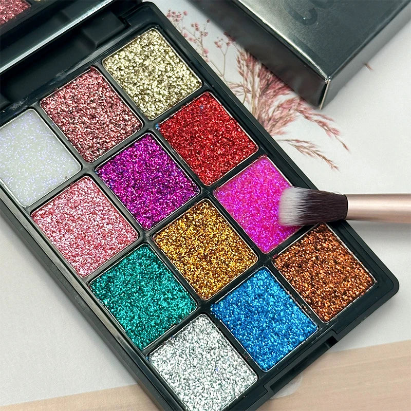 12-Color Glitter Eyeshadow Palette- Highly Pigmented,Long-Lasting Diamond Metal and Matte Shades for a Dazzling Eye Makeup Look Quake