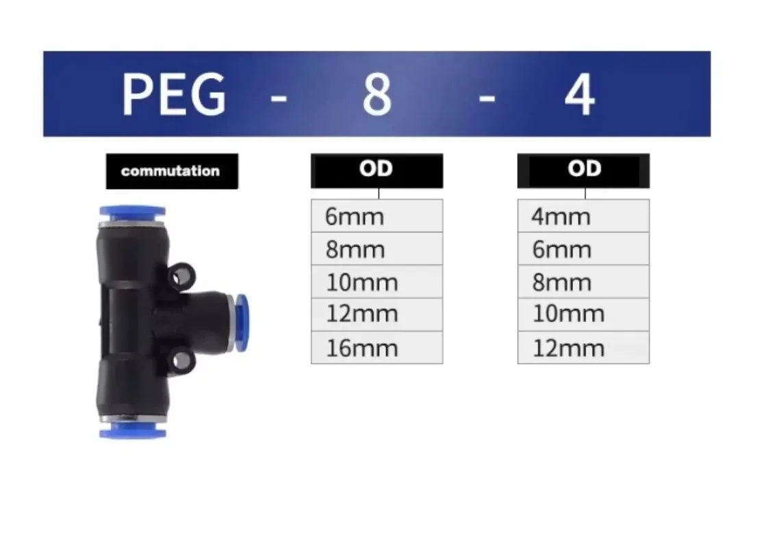 PEG Pneumatic Air Connector Quick Fitting Tee Reducer 3 Way T-shaped Plastic Pipe Hose Connector 6-4/8-6/10-8/10-6/12-8/12-10 Quake