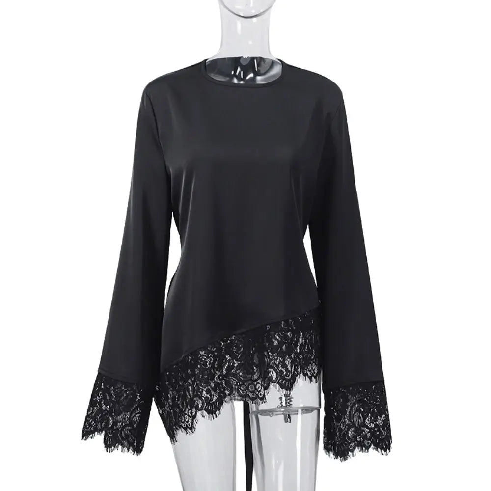 Fashion Belted Waist Lace Patchwork Top Asymmetrical Design Solid Color Lace-up Top Elegant Irregular Hemline Long Sleeves Women Quake