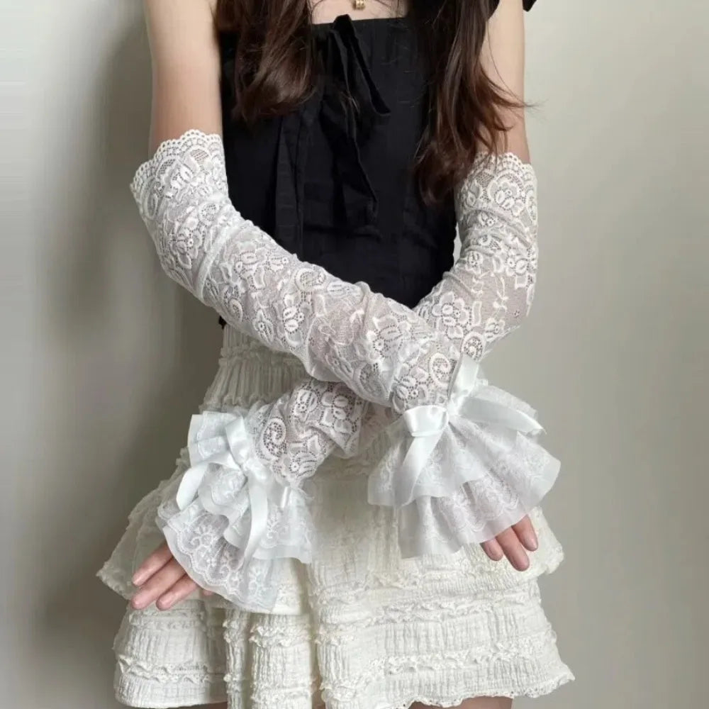 Sweet Lace Bowknot Womens Sleeve Y2K Hollow Out Bridal Wrist Gloves Sun Protection Lace Fingerless Gloves Quake