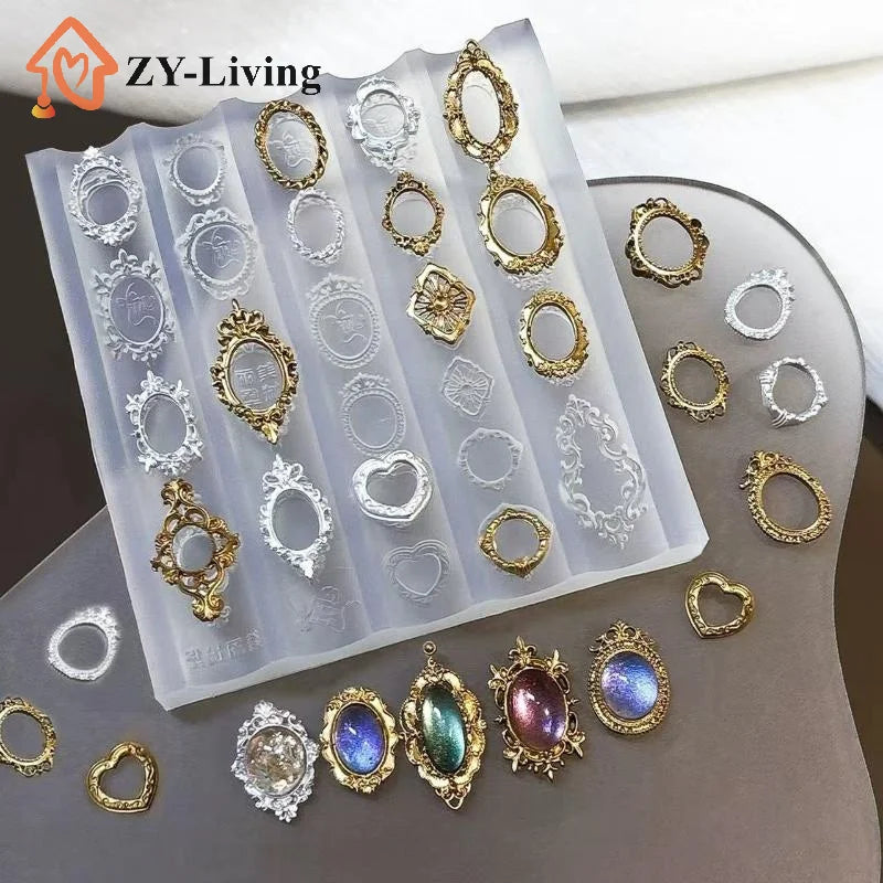 Retro Picture Frame Gem Baroque Shell Carving 3D Relief Manicure Templates Nail Art Transparent Silicone Nail Mold Quake