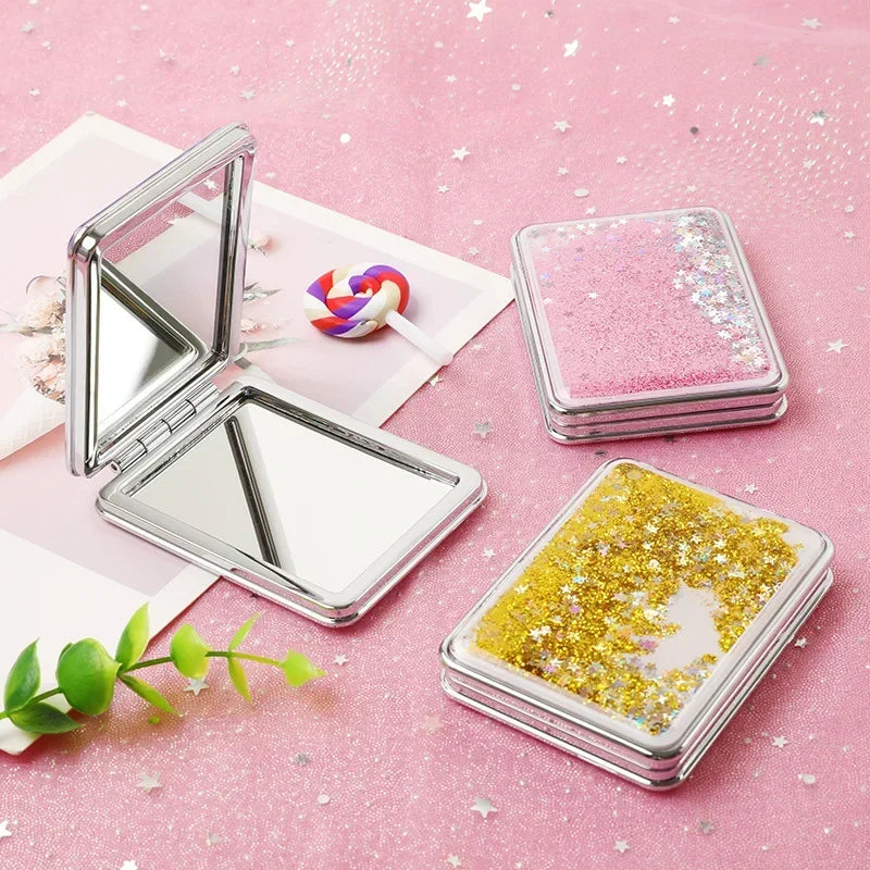 Portable Double-Sided Folding Makeup Mirror Women Gifts with Flowing Sparkling Sand Mini Cosmetic Mirror Compact Pocket Mirrors Quake