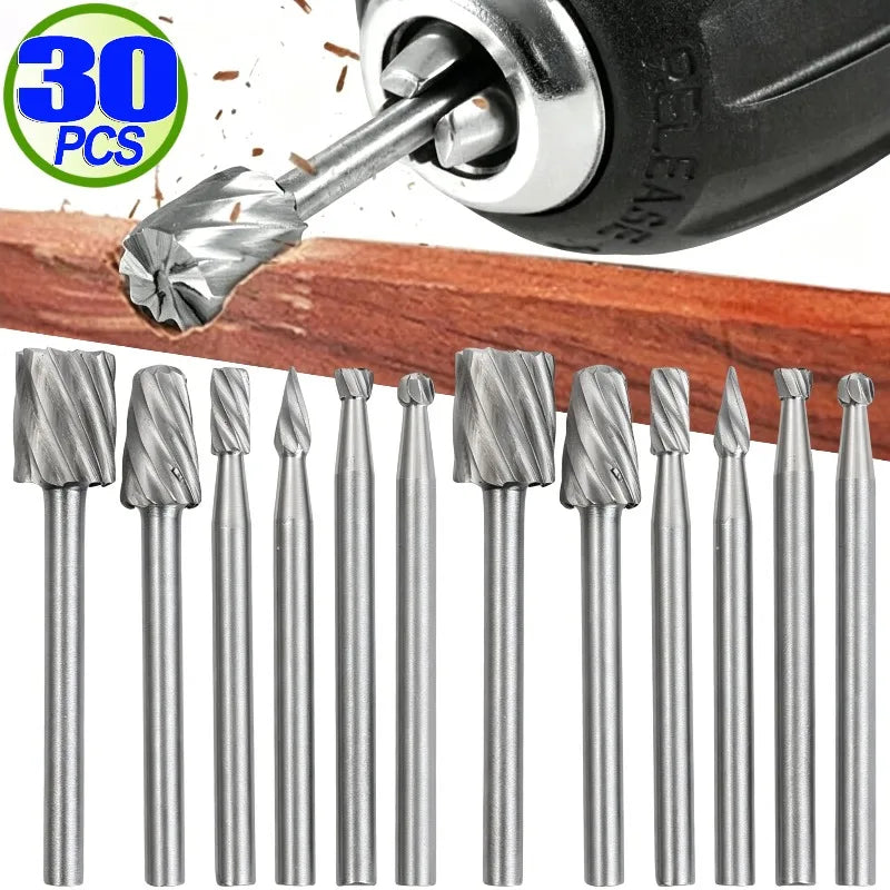 HSS Small Rotating File Grinding Head Set Rust-proof Rotary File Cutter Wood Drill Bit Woodworking Carving Knife Cutter Tools Quake