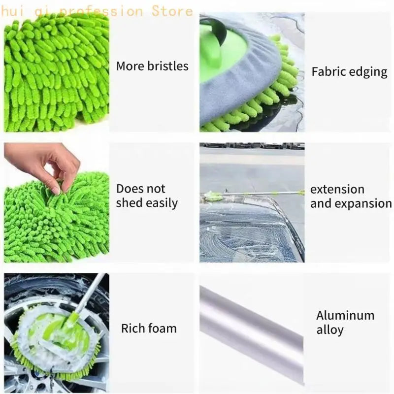 Rotating Car Cleaning Mop With Fiber Head, Long Segmented Handle and Grip Zone for Reaching Curved Exterior Sections on SUVs and Quake