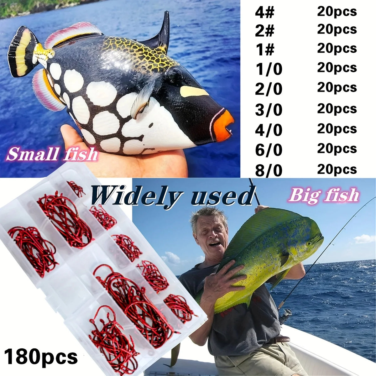180 sets of red octopus fishing hook boxes, with 9 different models, each model containing 20 hooks, perfect for sea fishing ent Quake