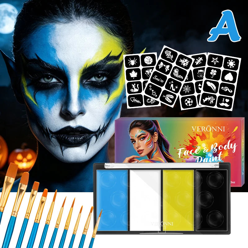 4 Color Lasting Face Body Painting Kit for Kids Adult,Face Paint template with Brush,Halloween Carnival Artist Cosplay Art Party Quake 3pcs A