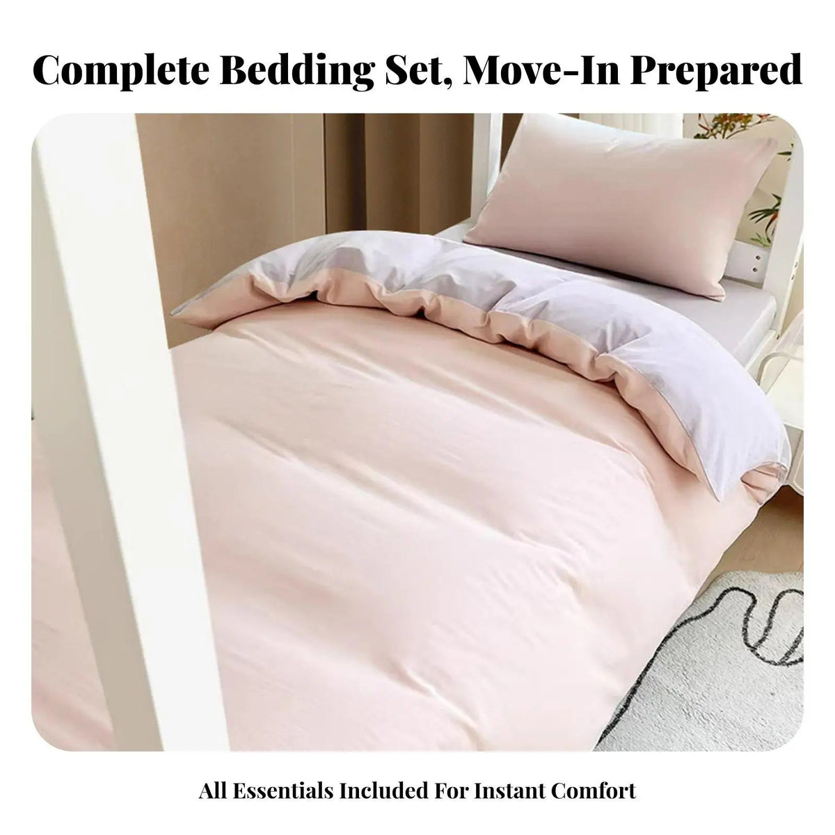 Cotton Bed in a Bag Single Size 6 Piece Duvet Set with Comforter Insert and Mattress Pad for Dorm Room Quake
