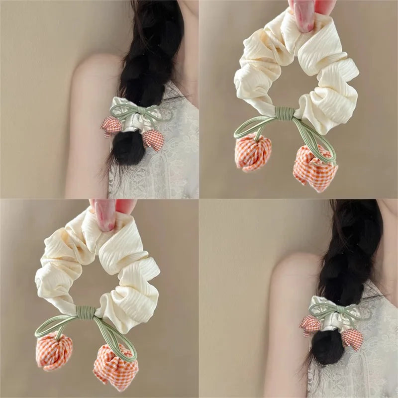 Cream White Pink Tulip Flower Hair Scunchies Satin Bow Hairbands Sweet Cute Ponytail Holder Hair Ropes Hair Styling Accessories Quake