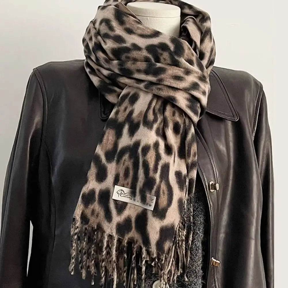Korean Leopard Tassels Shawl Imitation Cashmere Windproof Foulard Pashmina Hijabs Thickened Winter Warm Scarf Neck Warmer Quake