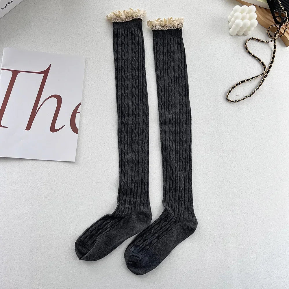 Japanese Sweet Lace Cording Socks Over Knee Thigh Retro Fried Dough Twists Lolita Wears Small Boots Socks Female Quake dark grey One Size