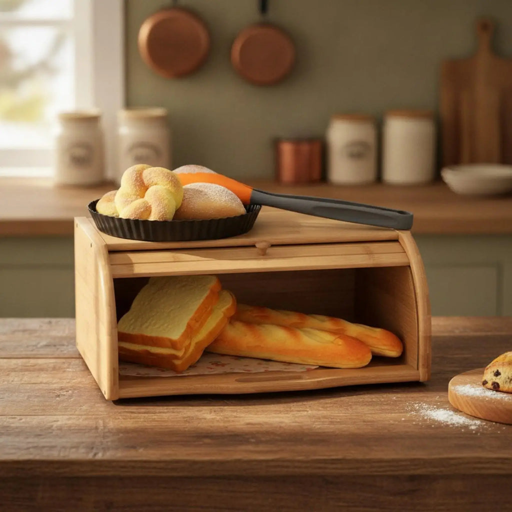 Bamboo Bread Bin with Slatted Roll Front Door for Kitchen Pastry Snack Storage Holder Quake