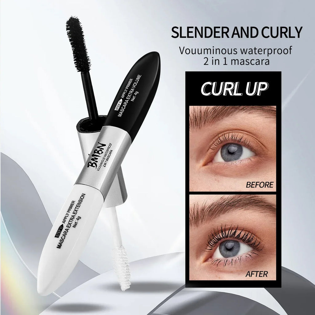 2 in 1 4D Silk Fiber Lash Mascara Black Waterproof Volume Double Lengthening Curling Waterproof Mascara for Eyes Quake