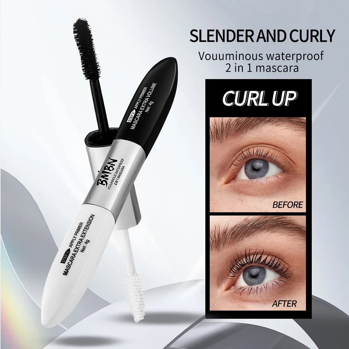 2 in 1 4D Silk Fiber Lash Mascara Black Waterproof Volume Double Lengthening Curling Waterproof Mascara for Eyes Quake
