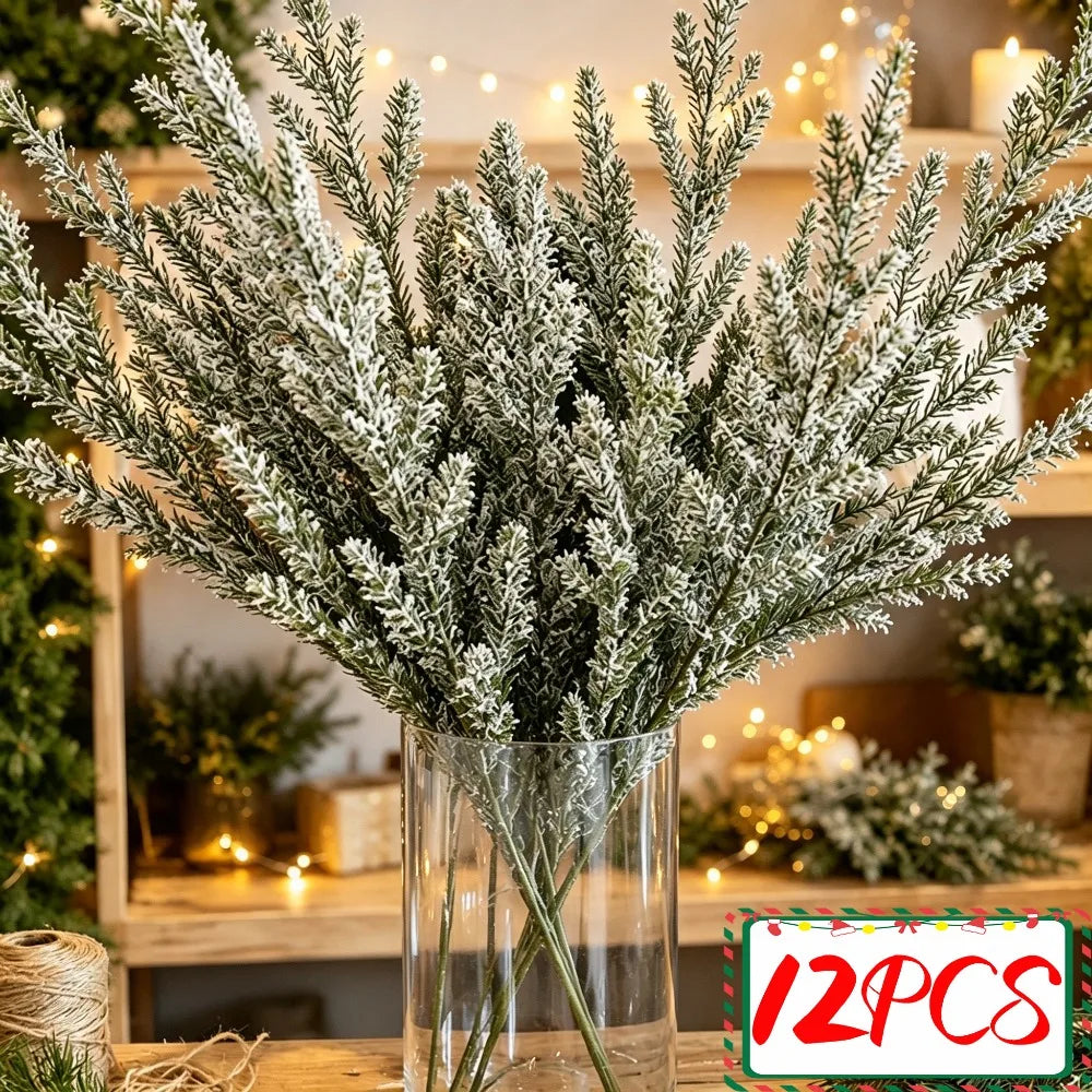 Christmas Artificial Pine Needles Realistic Plastic Snowflakes Pine Cypress Branches with Lush Green Needles Xmas Party Decor Quake