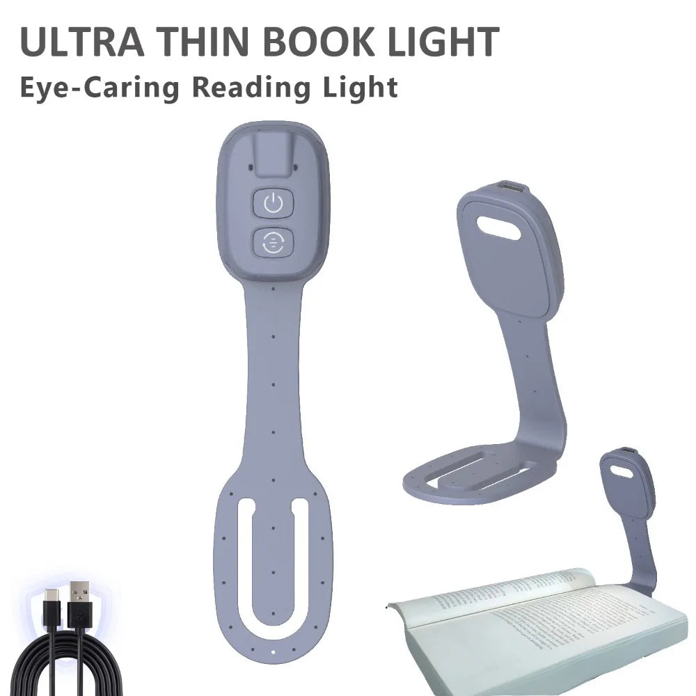 2-in-1 Clip-On Book Light Rechargeable Ultra-thin Mini Book Light with Dimmable Brightness Eye-Caring LED Reading Light Travel Quake Grey