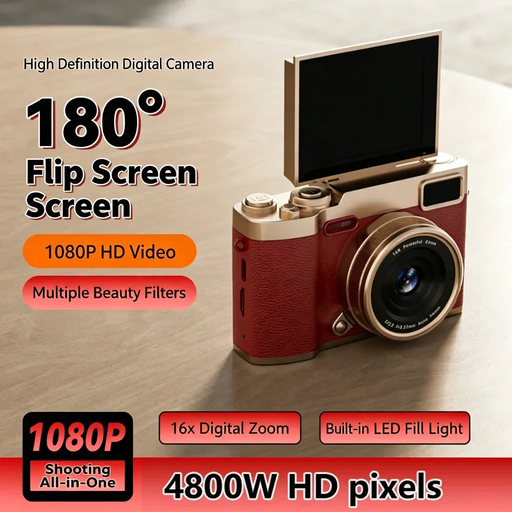 16X Digital Zoom Student Digital Camera 4800W Pixel Portable Digital Photography Camera 180 Flip Screen Selfie Camera Gifts Quake