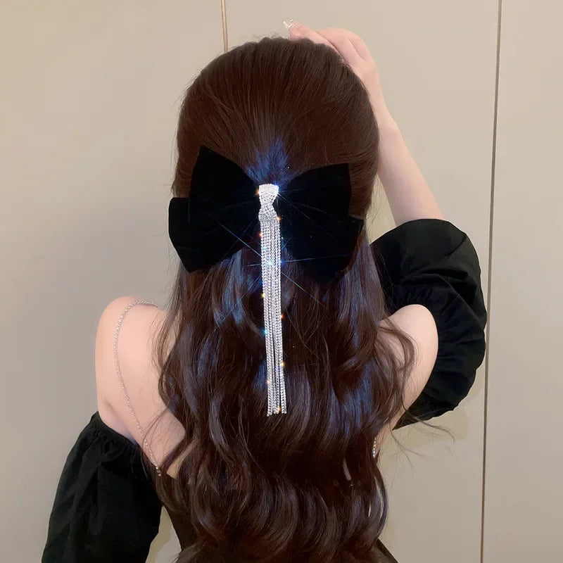 Glitter Flash Drill Tassel Bow Hairpins Bowknot Hair Clips Girls Satin Butterfly Barrettes Duckbill Clip Kids Hair Accessories Quake