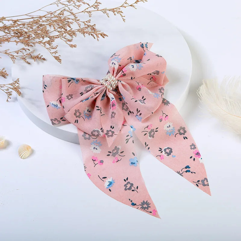 Floral Printed Hair Clip Korea Fashion Big Bow Ribbon Hair Tie Small Fresh Floral Hairpin Bowknot Hair Duckbill Clip Accessories Quake pk