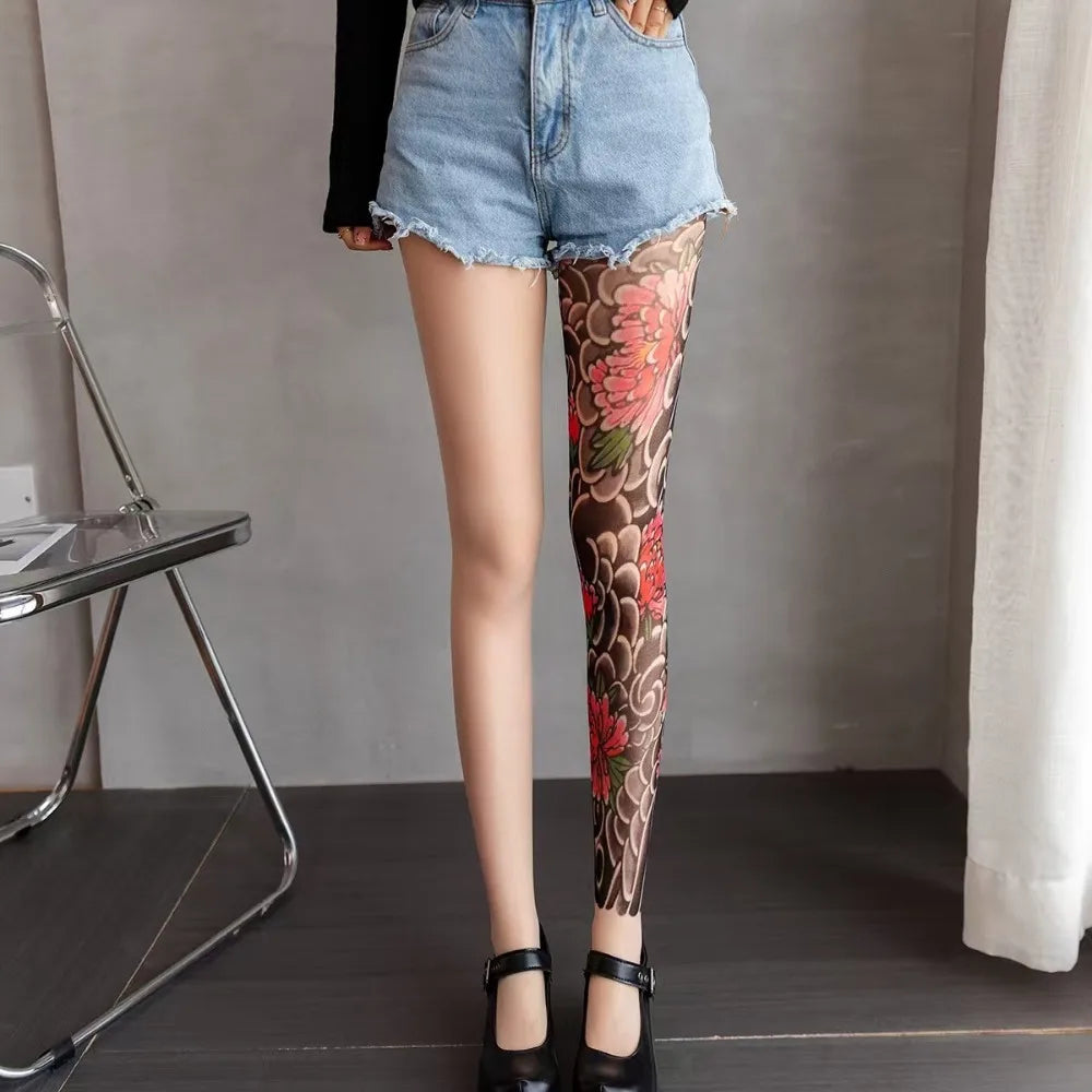 New Sexy Printed Women's Tights Stockings Perspective Mesh Peony Pantyhose Fake Tattoo Leggings Nylon Socks Summer Quake One Size 2