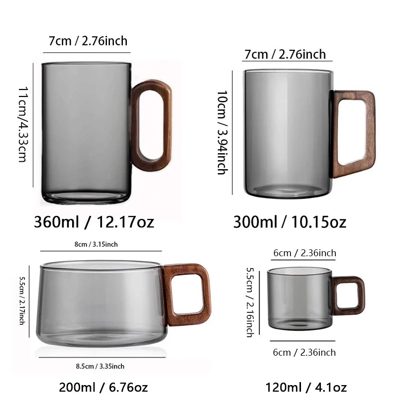 120/200/300/360ml Glass Cups With Walnut Handle Coffee Mug Set Heat-resistant Teacup Household Office Drinking Glasse 2pcs Quake