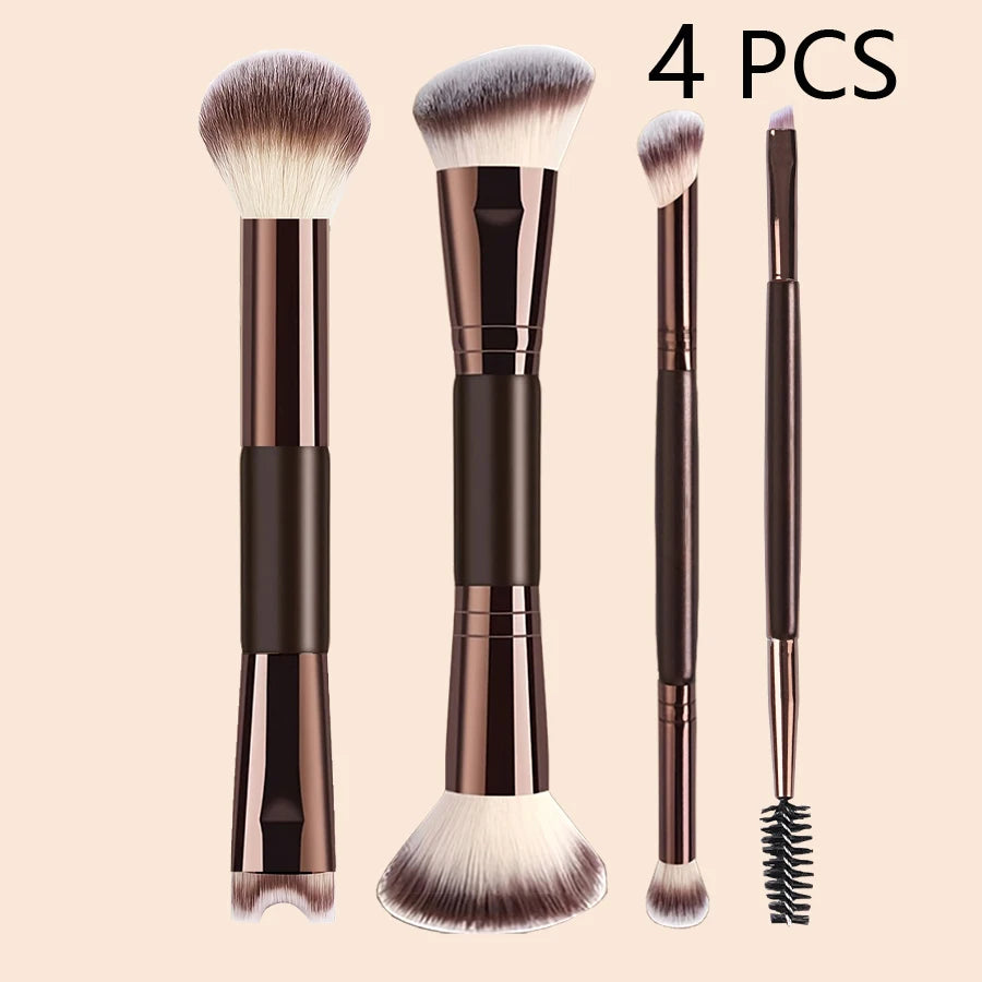 4 PCS Double-Ended Makeup Brush Set for Foundation, Powder, Eyeshadow, Blush , Nose Shadow, Eyeliner Brush, Eyelash Curler Quake