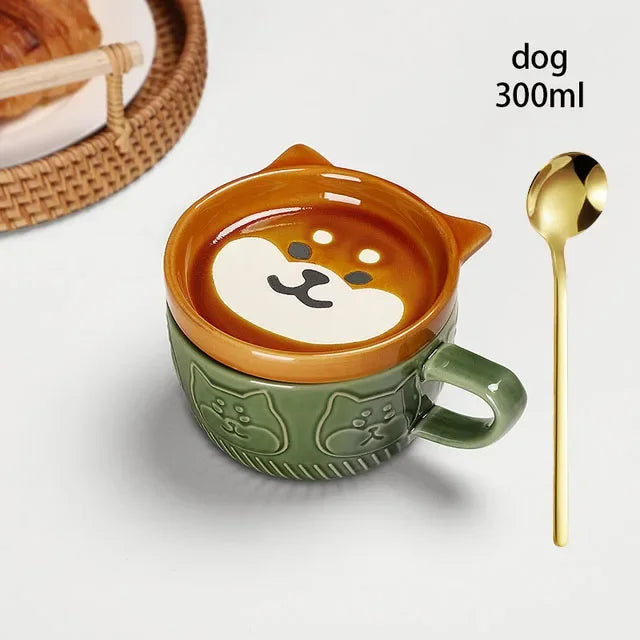 YWDL 300ml Cartoon Animal Ceramic Mug With Lid Breakfast Oatmeal Cup And Saucer Milk Coffee Mug With Spoon Microwave Oven Safe Quake dog 300ml