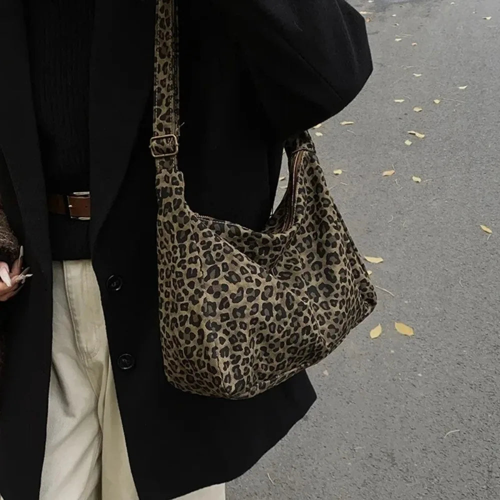 New Soft Textile Women's Shoulder Bag Large Capacity Adjustable Strap Leopard Print Bag Tote Handbag Quake