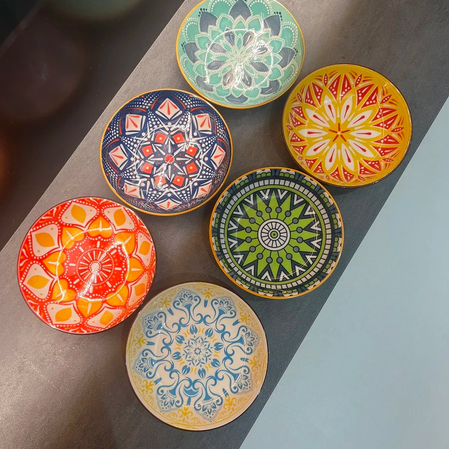 Bohemian Style Ceramic Plates, 6 Pieces, 5.75-Inch Serving Plates, Dessert Plates, Bread Plates, Microwave and Dishwasher Safe Quake Six different plates