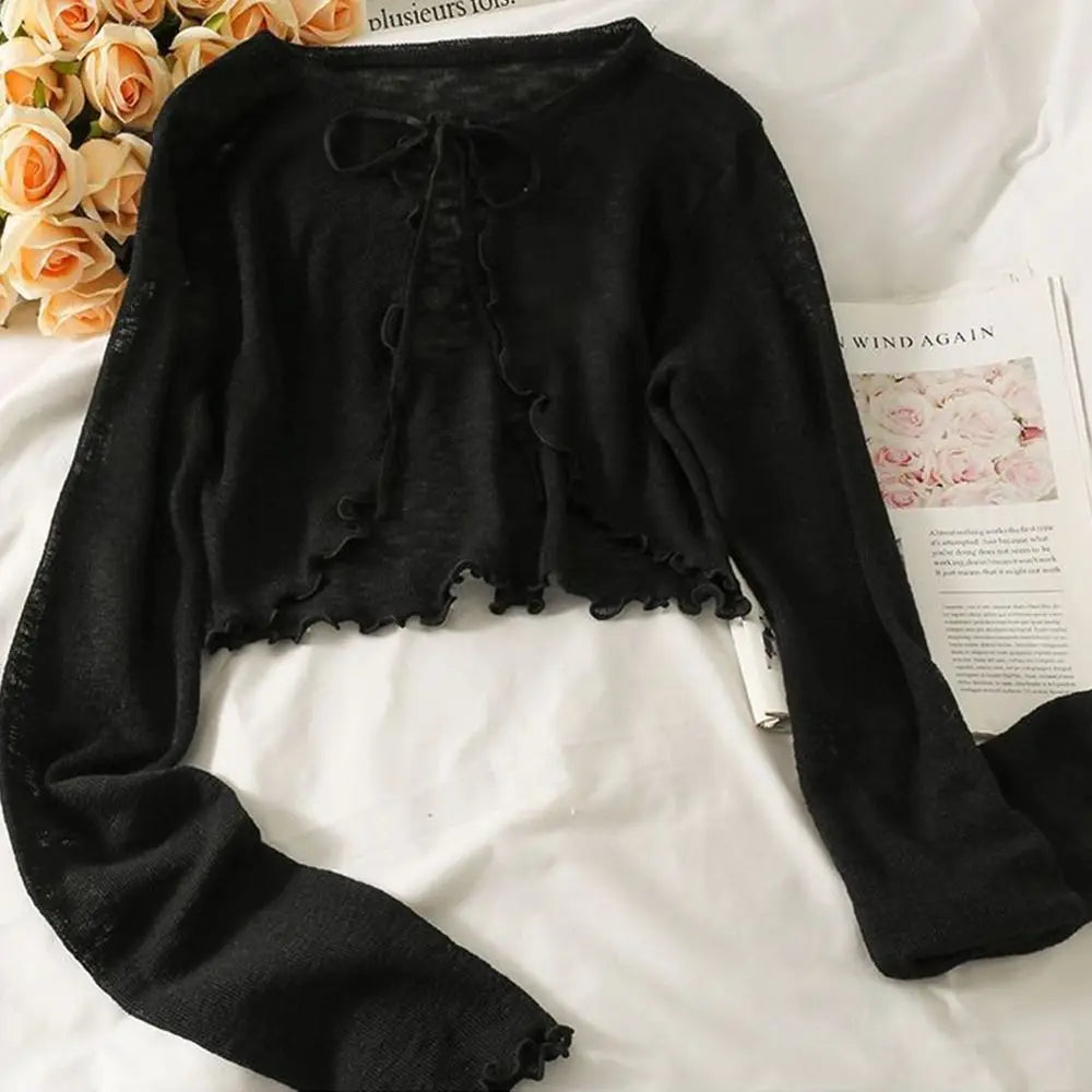 Thin Sunscreen Cardigan Ruffle Design Long Sleeve Sun Protected Polyester Sunscreen Clothing Short Coat Casual Women Quake Black