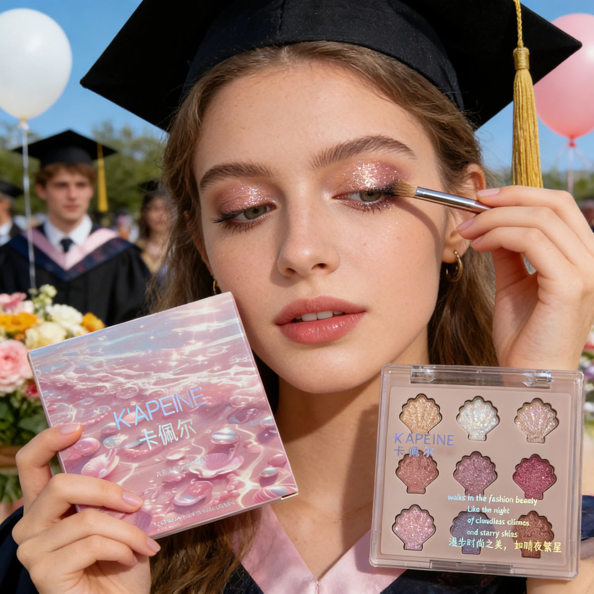 Shimmering Star Shell 9-Color Eyeshadow Palette Mermaid Sparkle Glitter Highlighter Eye Makeup for Graduation Party Glam Quake 1PC