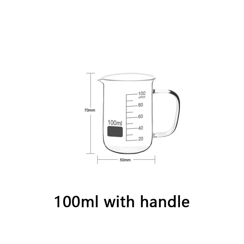YWDL 50-1000ml High Borosilicate Glass Measuring Cup Heat-resistant Laboratory Beaker With/No Handle Scales Mug Measuring Tools Quake 100ml withhandle 50ml-1000ml