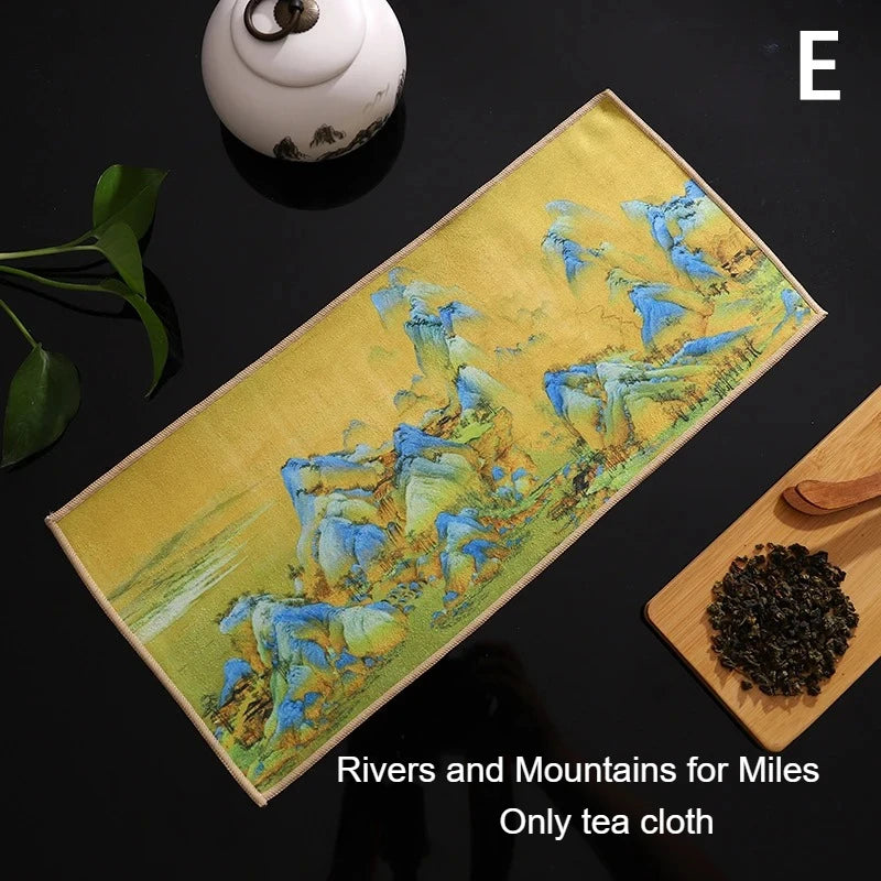1pc Kung Fu Tea Towel with Ancient Style Thick and Absorbent Multifunctional High-end Painted Tea Cloth Quake E 30x16cm