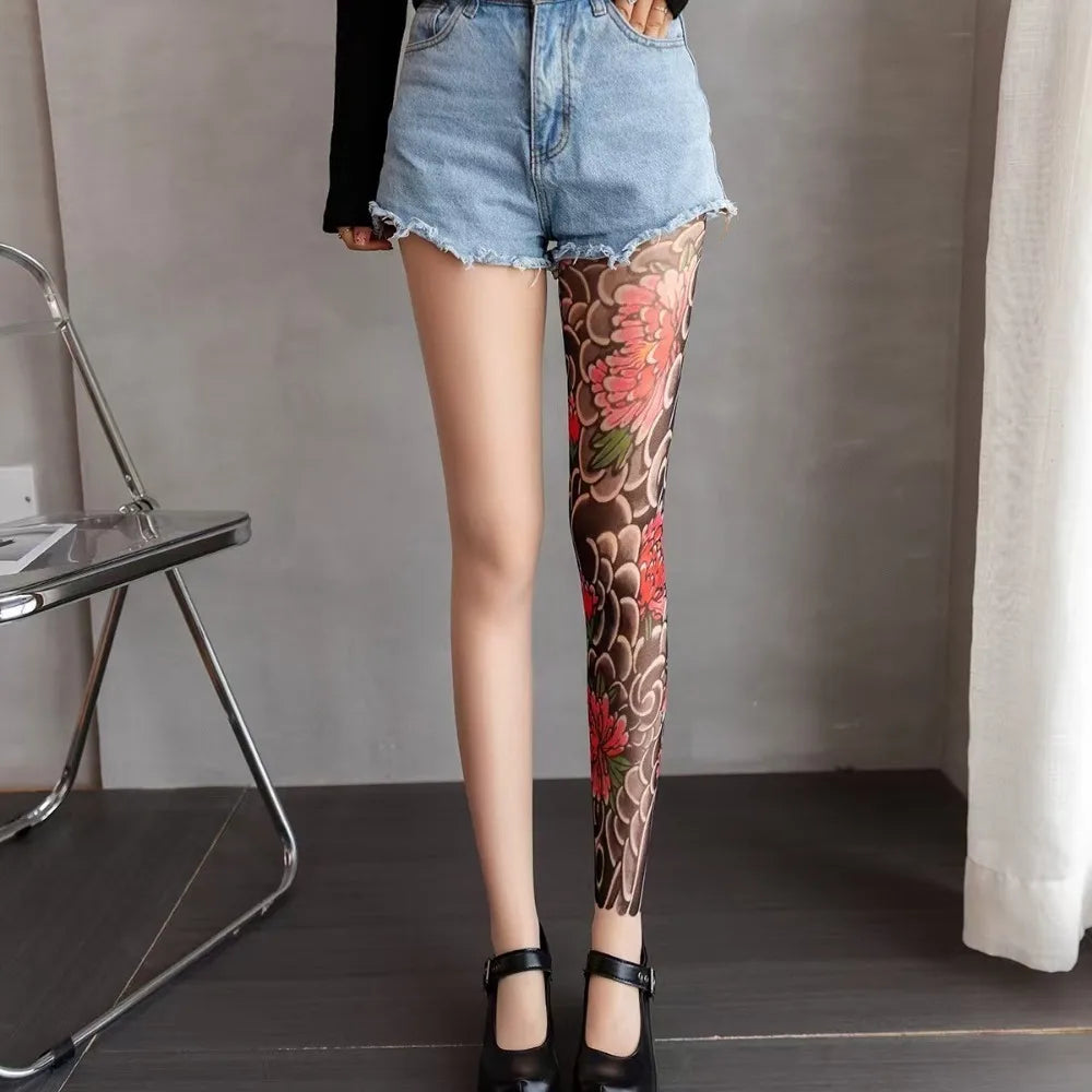 New Fake Tattoo Women's Sexy Printed Tights Mesh Leggings High Pantyhose Perspective Peony Pantyhose Summer Quake 2 One Size