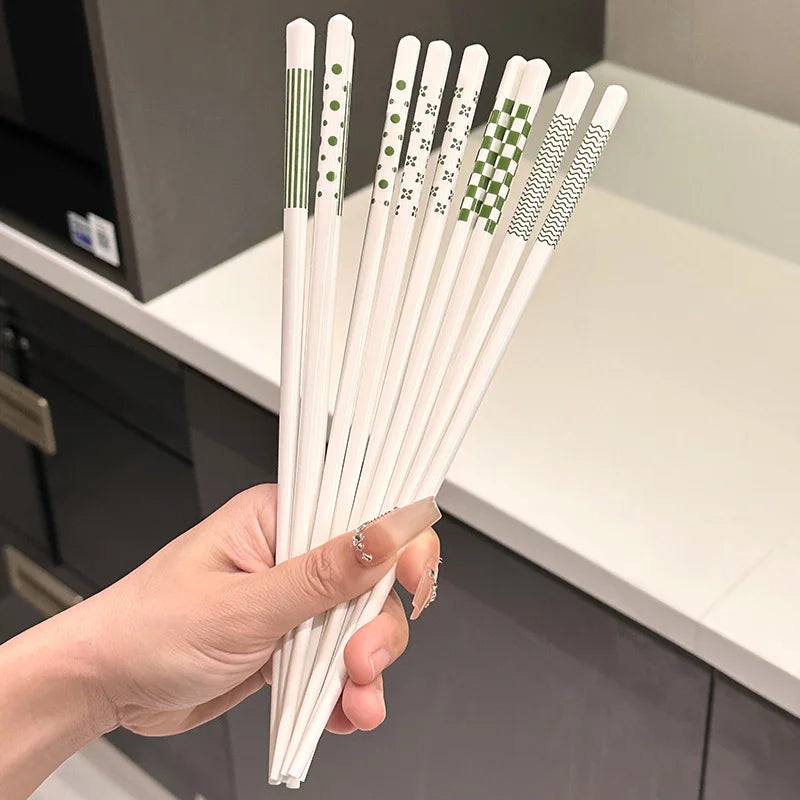 5/10 Pairs Ceramic Chopsticks, Green Pattern, Non-Slip, High Temperature Resistant, Hygienic&Easy to Clean,for Home & Restaurant Quake
