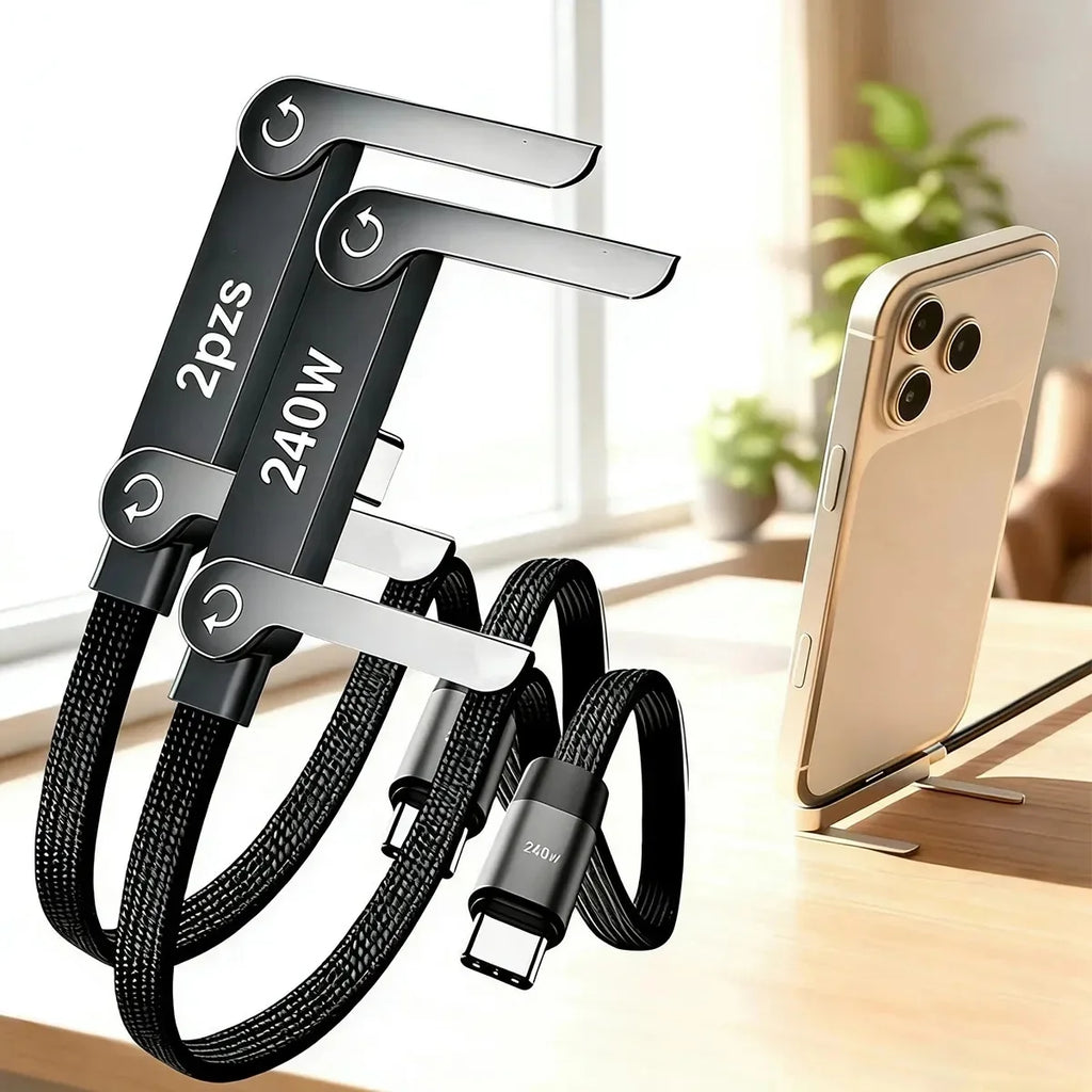 240W Fast Charging Type-C to Type-C Cable with Elbow Foldable Stand Phone Holder for iPhone 17/16/15 Samsung Charger Data Cable Quake
