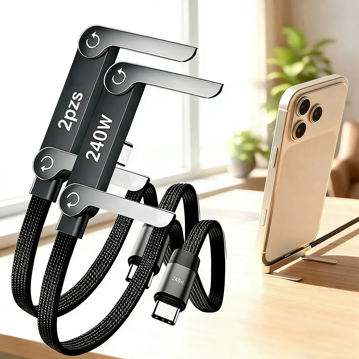 240W Fast Charging Type-C to Type-C Cable with Elbow Foldable Stand Phone Holder for iPhone 17/16/15 Samsung Charger Data Cable Quake