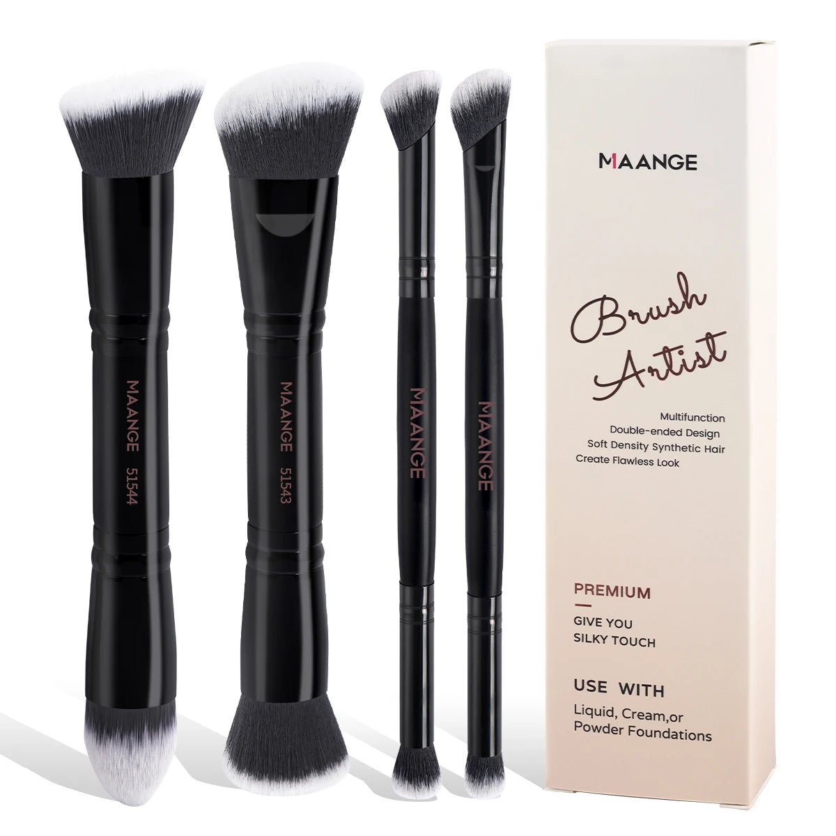 MAANGE 4pcs Basic Makeup Brushes Set With Box Dual-ended Foundations Powder Blush Details for Eyeshadow Brushes Beginner Travel Quake Black