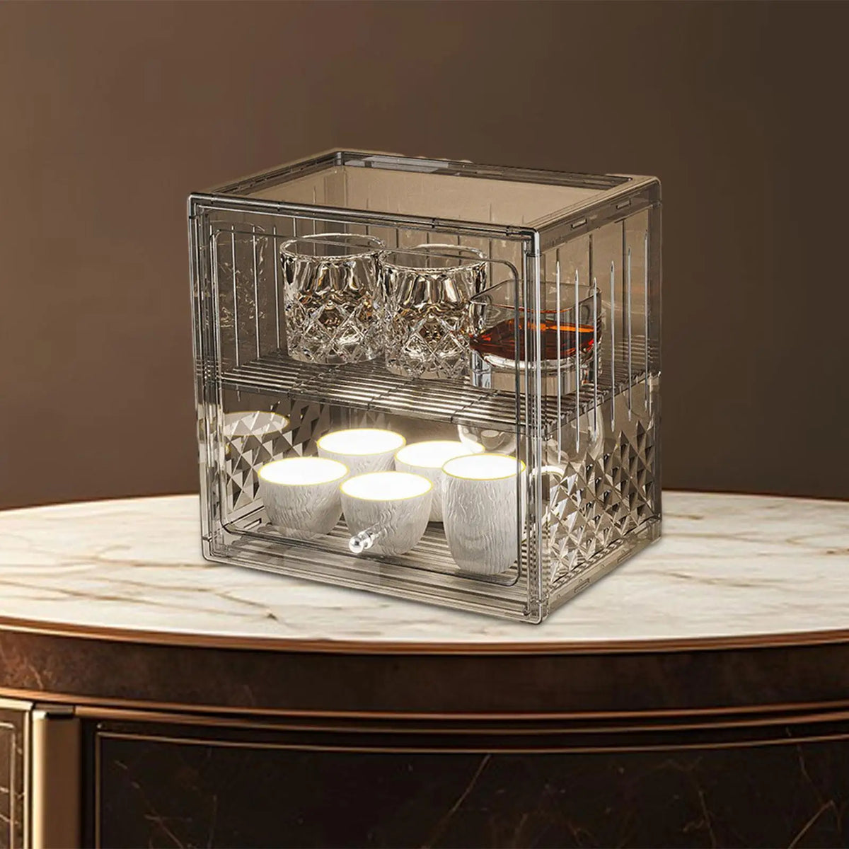 Glass Water Cup Holder Double Layer Bread Box Clear Sturdy Storage Bin with Lid for Breakroom Bathroom Coffee Shop Household Quake