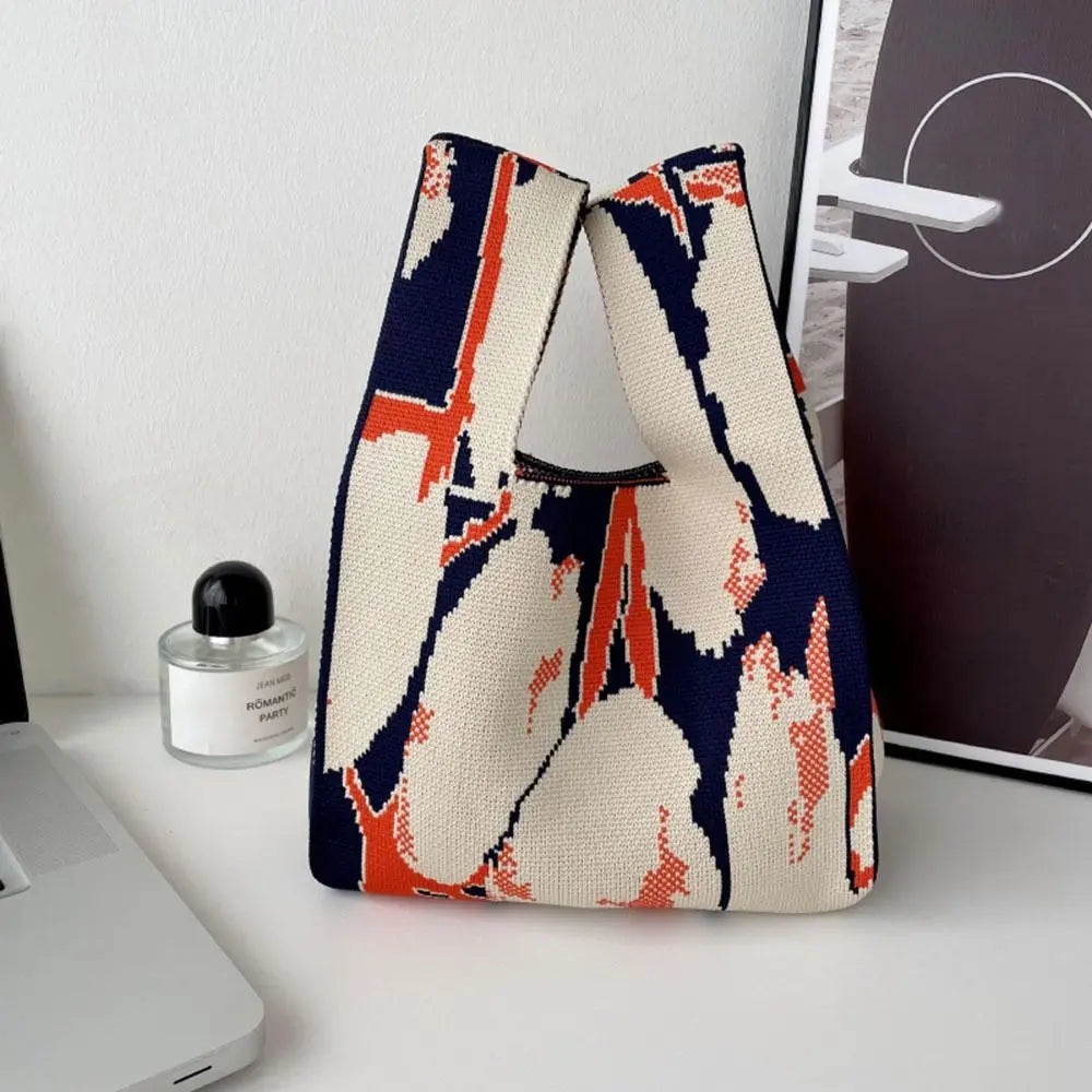 Handmade Mini Knit Handbag for Women Small Knot Wrist Bag Casual Colorful Plaid Tote Bag Girls Reusable Shopping Bags Quake