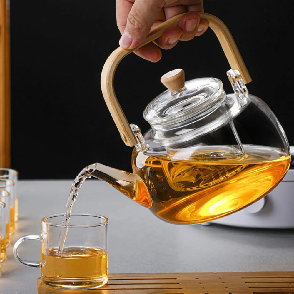 YWDL 1L Glass Teapot With Removable Infuser Bamboo Handle Clear Tea Kettle For Loose Leaf Flower Tea Heat Resistant Tea Pot ﻿ Quake