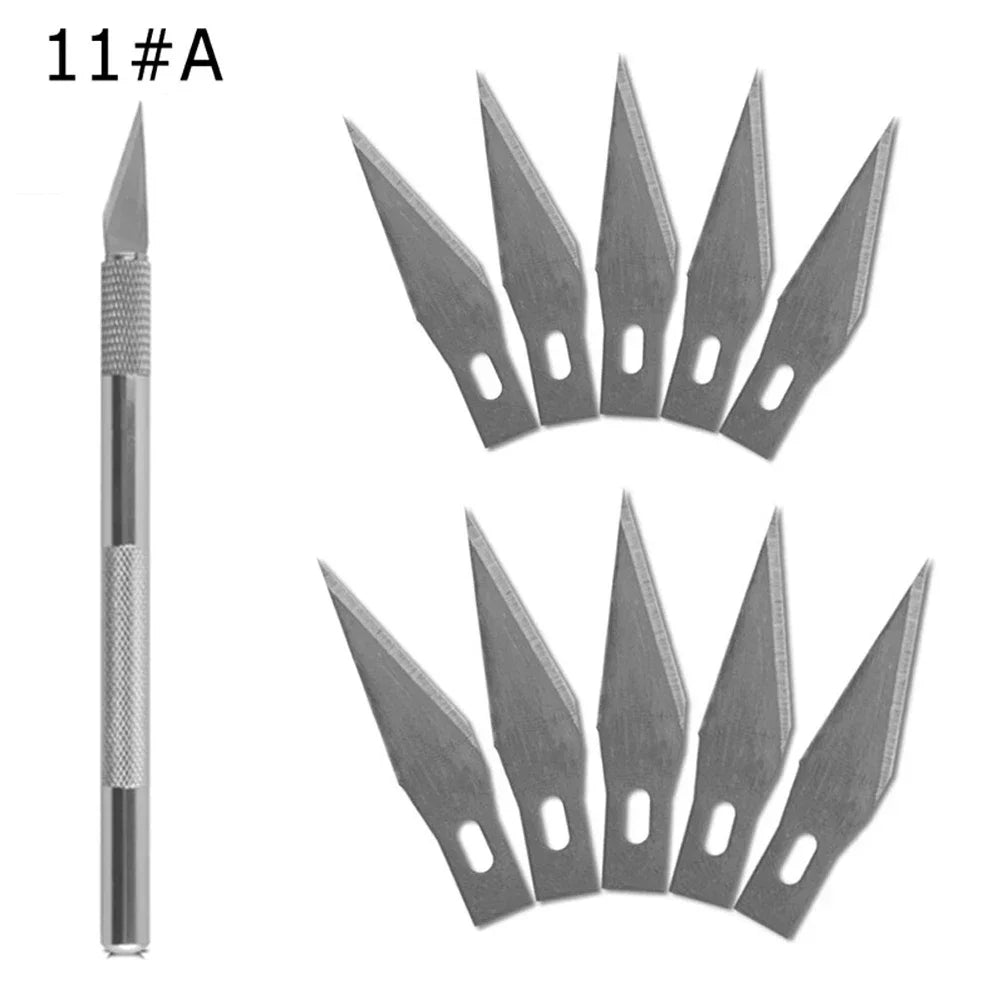 Repair Hand Tools Non-Slip Engraving Metal Knife Kit + 40/10pcs #11 Blades Cutter Craft Knives for Mobile Phone PCB Quake 1set-Silver