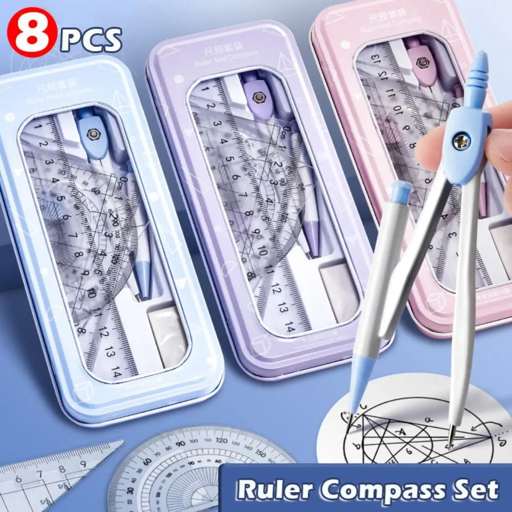 8PCS/Set High Quality Plastic Ruler Compasses Set Eraser Transparent Protractor Set Square Straight Ruler Drawing Tool Students Quake