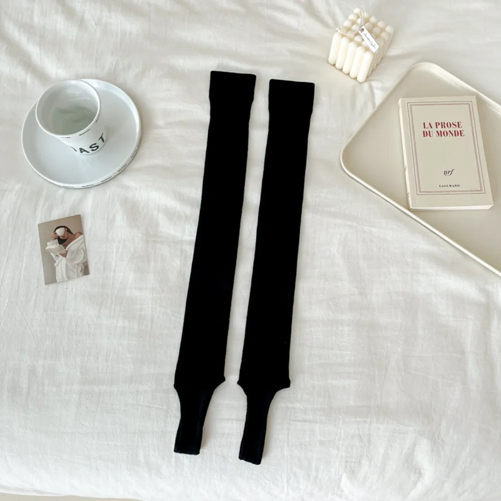 New Over Knee-High Women Stockings Thin Solid Color Long Knee Sock Breathable Cotton Long Knee High Socks Ladies Quake black One Size